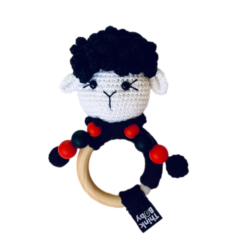 High Contrast Crochet Rattle & Teether - Sheep