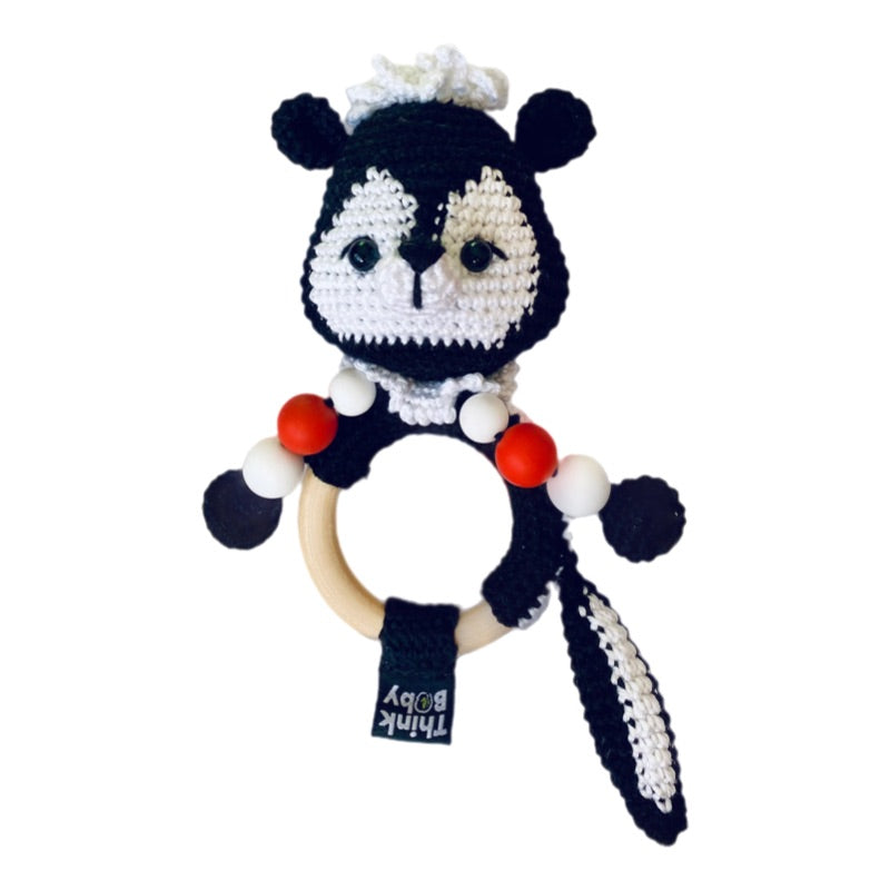 High Contrast Crochet Rattle & Teether - Skunk