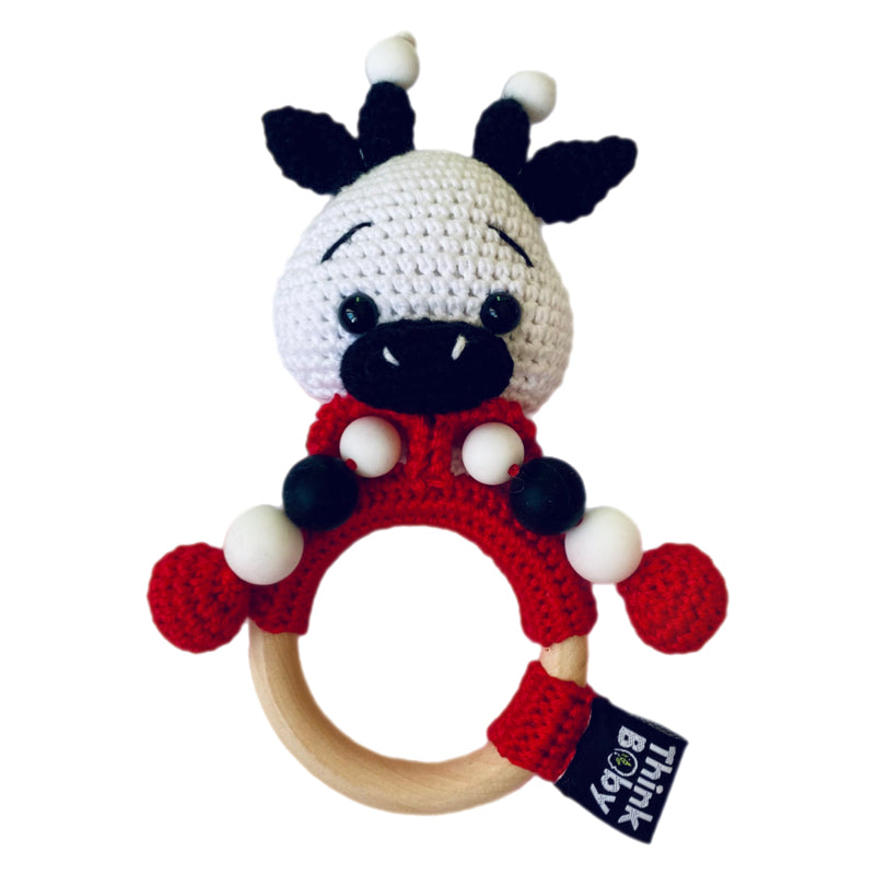 High Contrast Crochet Rattle & Teether - Cow